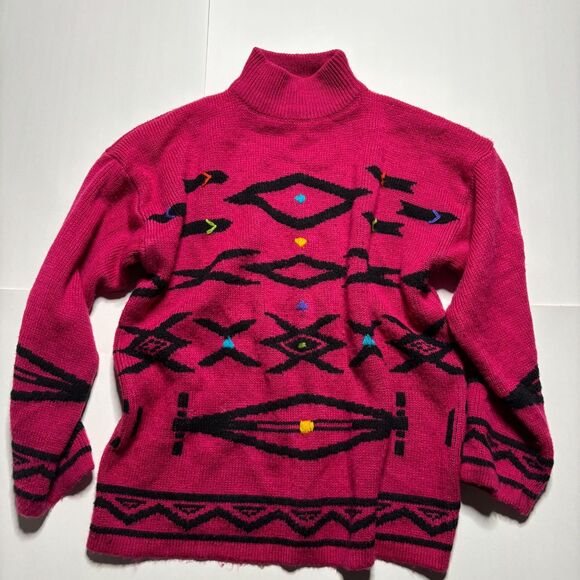 Vintage Retro Vibrant Pink Geometric Turtleneck Sweater 80's 90's - Picture 4 of 9